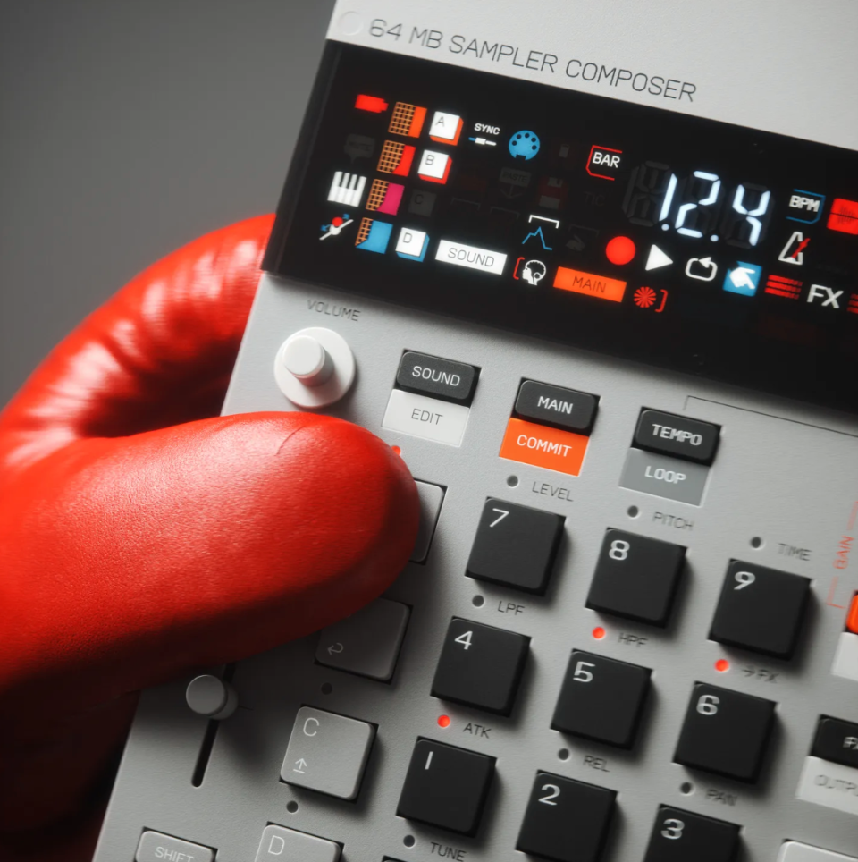 A gloved hand using the synth.