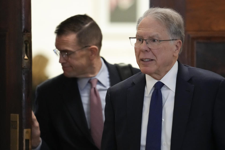 Wayne LaPierre, CEO of the National Rifle Association, leaves a courtroom during a break in New York, Monday, Jan. 8, 2024. The longtime head of the National Rifle Association is resigning, just before the start of a New York civil trial that's poised to scrutinize his leadership of the powerful gun rights organization. The trial in New York Attorney General Letitia James' lawsuit against the NRA, LaPierre and others who have served as organization executives is scheduled to start this week. (AP Photo/Seth Wenig)