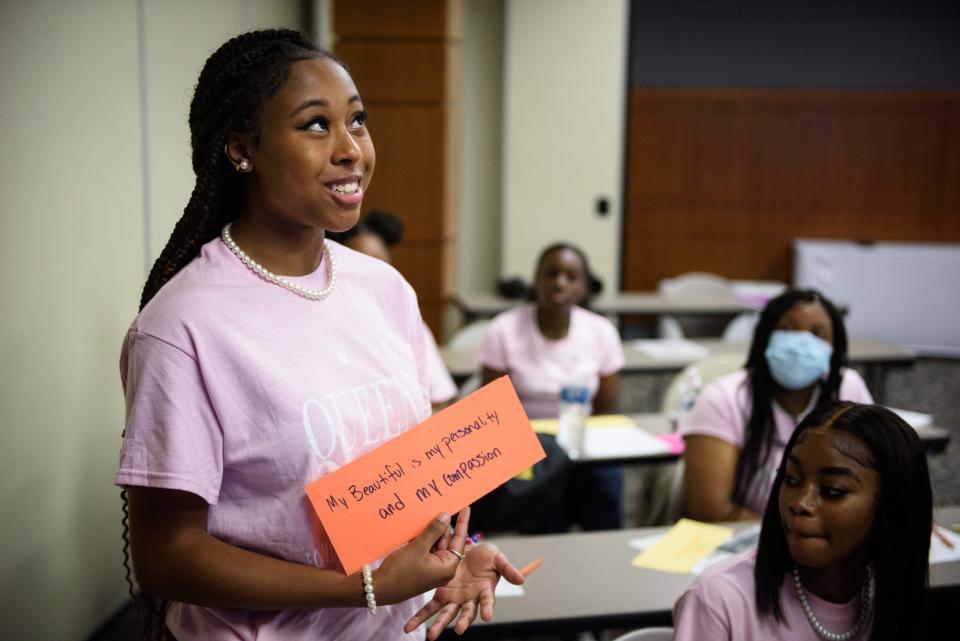 Alyssa Paylor speaks at a Queen in Me mentoring program for young ladies at Fayetteville Technical Community College on Monday, June 13, 2022. The week-long program will mentor them on topics including life skills, etiquette and leadership development. 
