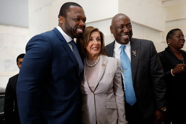 <p>Chip Somodevilla/Getty</p> Curtis "50 Cent" Jackson (L) and his lawyer Ben Crump pose for photographs with Rep. Nancy Pelosi (D-CA) while the two men are at the U.S. Capitol to advocate for Black entrepreneurship on June 05, 2024 in Washington, DC