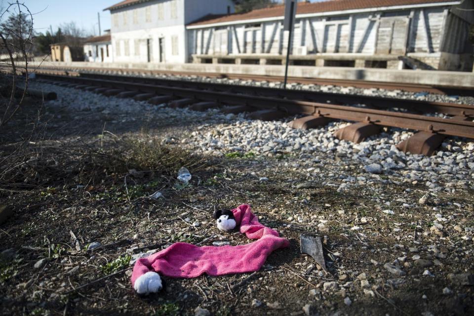 In this photo taken on Sunday, Dec. 4, 2016, an abandoned scarf left next to the railway tracks, at the train station of the Greek town of Didymoteicho, near the Greek-Turkish border. A year after the uncontrolled influx of more than a million refugees and economic migrants to debt-hobbled Greece, en route to Europe's prosperous heartland, this border region is again seeing rising migratory flows. (AP Photo/Giannis Papanikos)