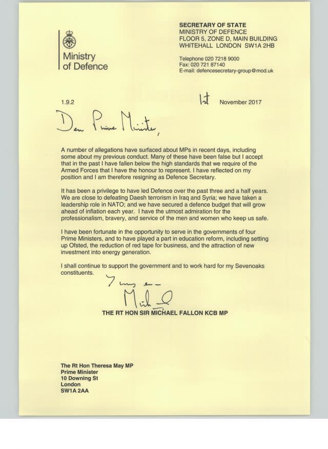 Michael Fallon's resignation letter