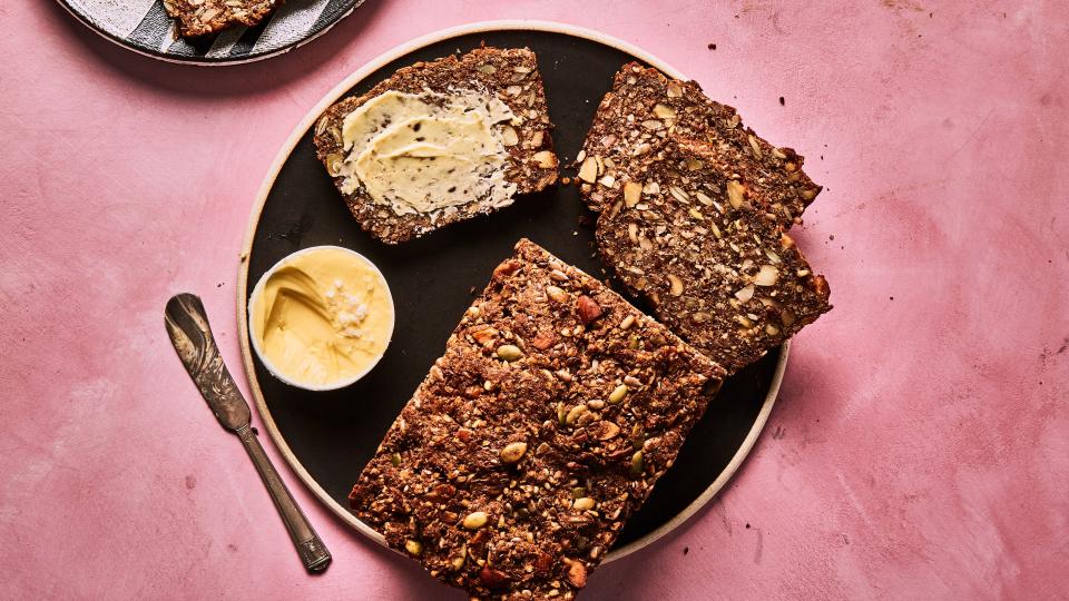 If you want to make and eat this bread the same day, sub old-fashioned oats (not quick-cooking) for the steel-cut and skip the soaking. You’ll also need an extra cup of buttermilk. <a rel="nofollow noopener" href="https://www.bonappetit.com/recipe/super-seedy-gluten-free-bread?mbid=synd_yahoo_rss" target="_blank" data-ylk="slk:See recipe.;elm:context_link;itc:0;sec:content-canvas" class="link ">See recipe.</a>