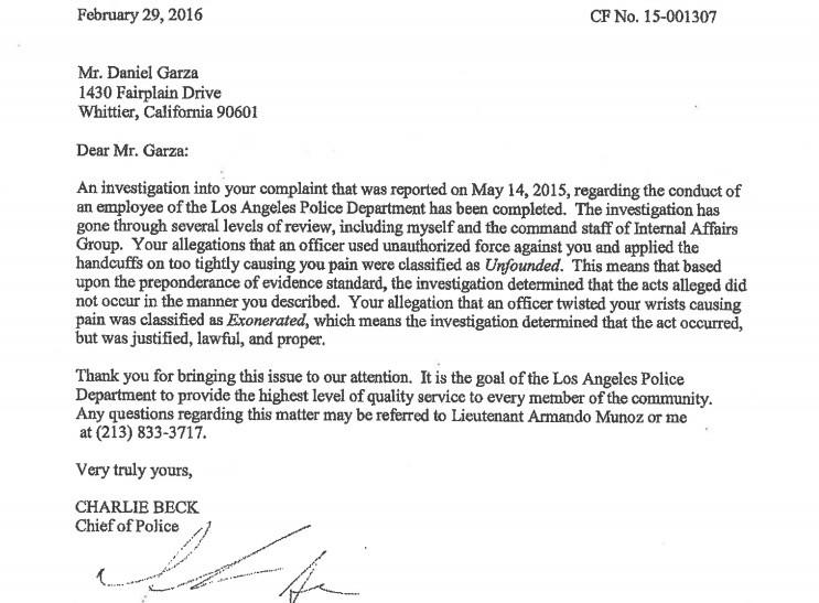 A letter from LAPD to Daniel Garza says his complaint about the wrist hold was classified as "Exonerated."