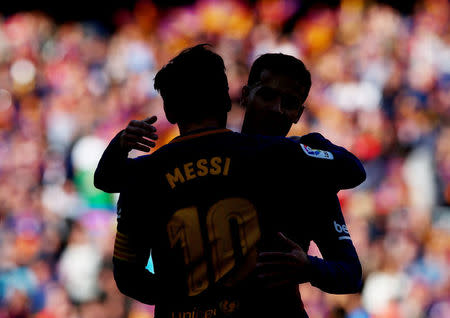 Soccer Football - La Liga Santander - FC Barcelona vs Athletic Bilbao - Camp Nou, Barcelona, Spain - March 18, 2018 Barcelona’s Lionel Messi celebrates scoring their second goal with Philippe Coutinho REUTERS/Albert Gea