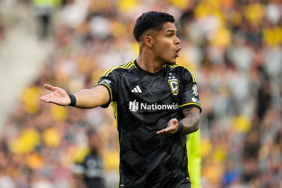 Jul 17, 2024; Columbus, OH, USA; Columbus Crew forward Cucho Hernandez (9) motions to a teammate during the first half of the MLS soccer game against Charlotte FC at Lower.com Field.