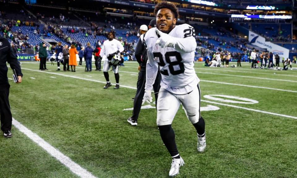 Josh Jacobs celebrates his game-winning touchdown on Sunday