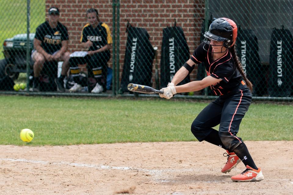 Pennsbury's Ava Storlazzi hits in a PIAA quarterfinal softball game against North Allegheny at Messiah University in Mechanicsburg on Thursday, June 9, 2022. The Falcons defeating the Tigers 10-2, advancing them to the semifinals.