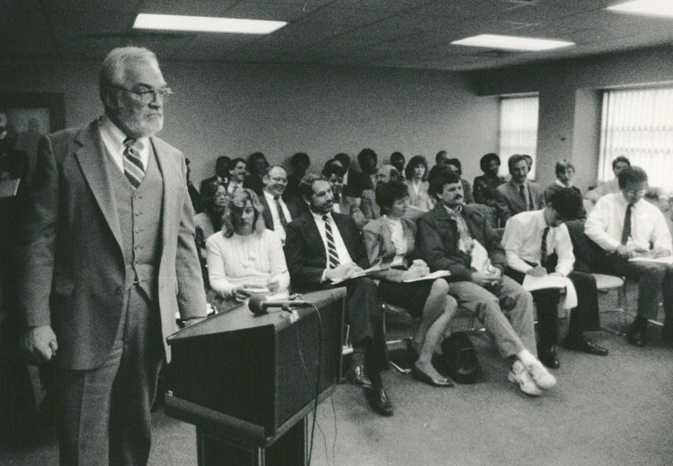 Robert Miles, former grand dragon of the Michigan Klu Klux Klan, addresses a meeting of the Michigan Civil Rights Commission. Miles had previously served a prison sentence after being convicted of consipiracy in the assault on Dr. R. Wiley Brownlee.