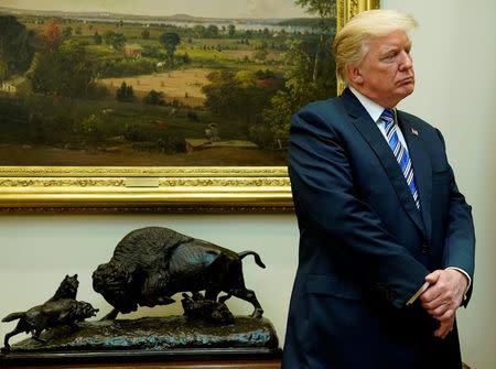 U.S. President Donald Trump stands during a Department of Veterans Affairs Telehealth event at the White House in Washington, U.S., August 3, 2017. REUTERS/Joshua Roberts