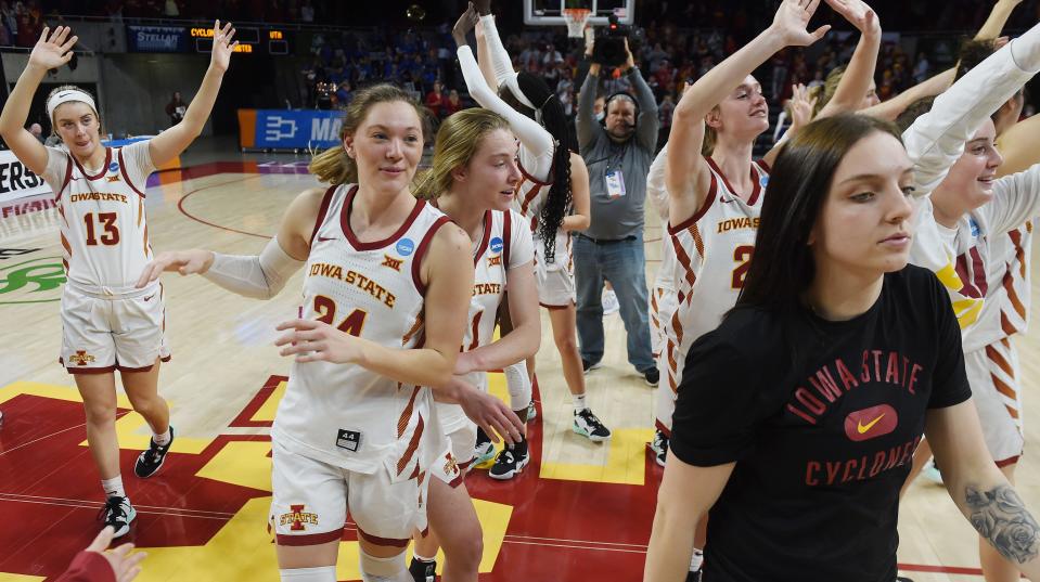 The Iowa State women's basketball team celebrates after beating Texas-Arlington in an NCAA Tournament first-round game at Hilton Coliseum on Friday.