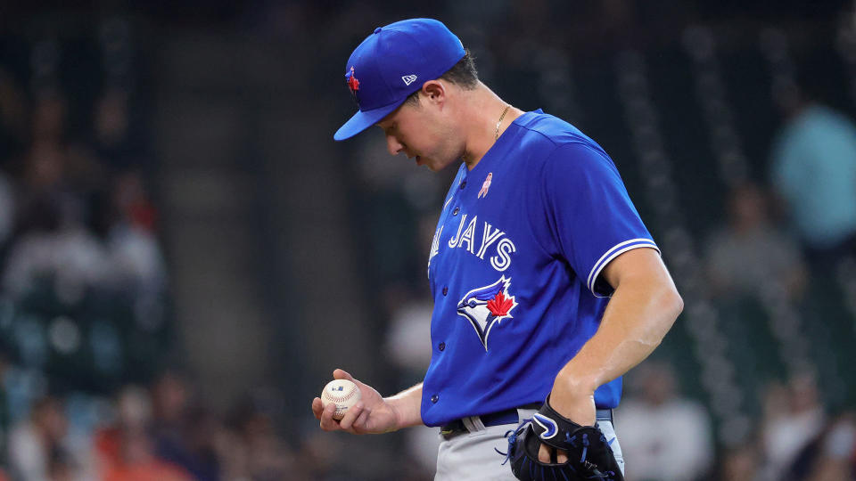 HOUSTON, TEXAS - MAY 09: Nate Pearson #24 of the Toronto Blue Jays looks down prior to being pulled during the third inning against the Houston Astros at Minute Maid Park on May 09, 2021 in Houston, Texas. (Photo by Carmen Mandato/Getty Images)