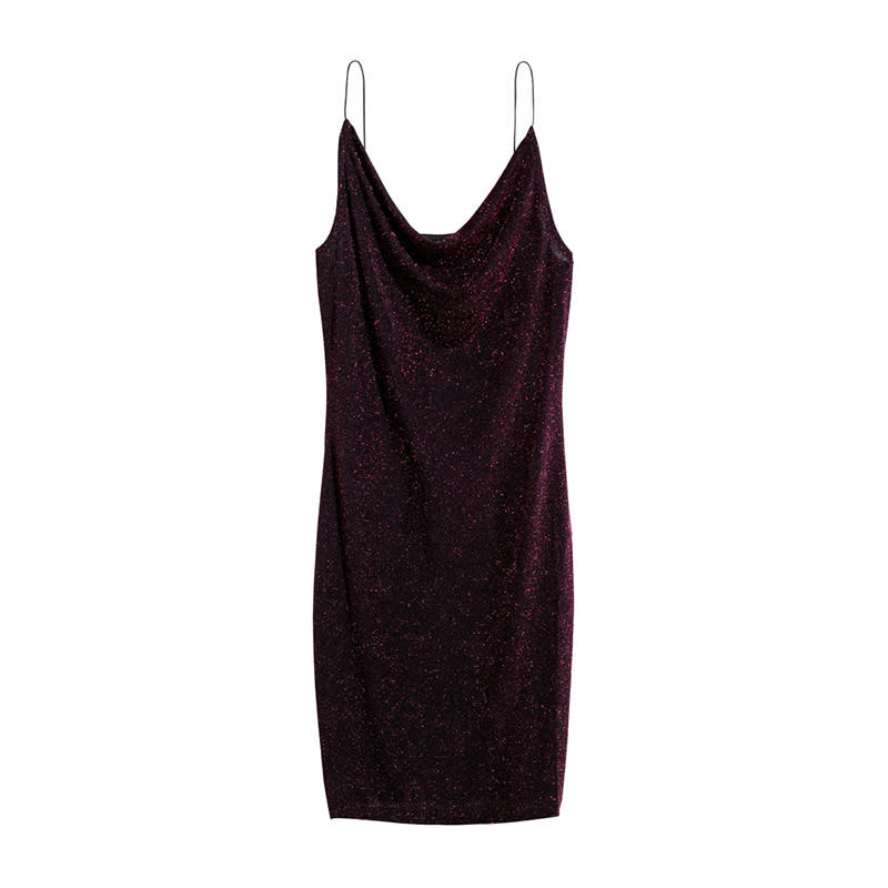 <p>This glittery mini with cowl-neck detailing is simply sultry. Wear with barely there ankle-strap heels.</p> <p><a rel="nofollow noopener" href="http://rstyle.me/n/cubfxechdw" target="_blank" data-ylk="slk:H&M Fitted Dress;elm:context_link;itc:0;sec:content-canvas" class="link ">H&M Fitted Dress</a>, $13</p>