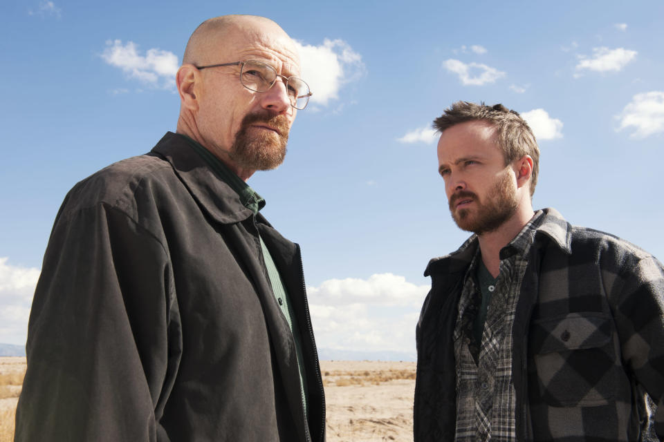 <p> This image released by AMC shows Bryan Cranston as Walter White, left, and Aaron Paul as Jesse Pinkman in a scene from "Breaking Bad." The Nielsen company, for the first time this season, is measuring how many people are reading Twitter messages about particular TV programs the night they are on the air. Nielsen said Monday, June 2, 2014, that the drug-dealing drama starring Bryan Cranston had an average of 6 million people seeing tweets for each episode. The show was boosted by its finale last September, where the number shot up to 9.1 million. (AP Photo/AMC, Frank Ockenfels ) </p>