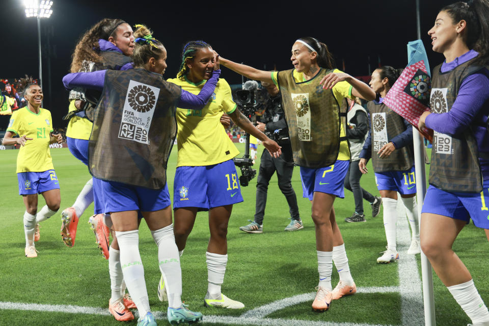Brazil players celebrate after defeating Panama in their Women's World Cup Group F soccer match in Adelaide, Australia, Monday, July 24, 2023. (AP Photo/James Elsby)