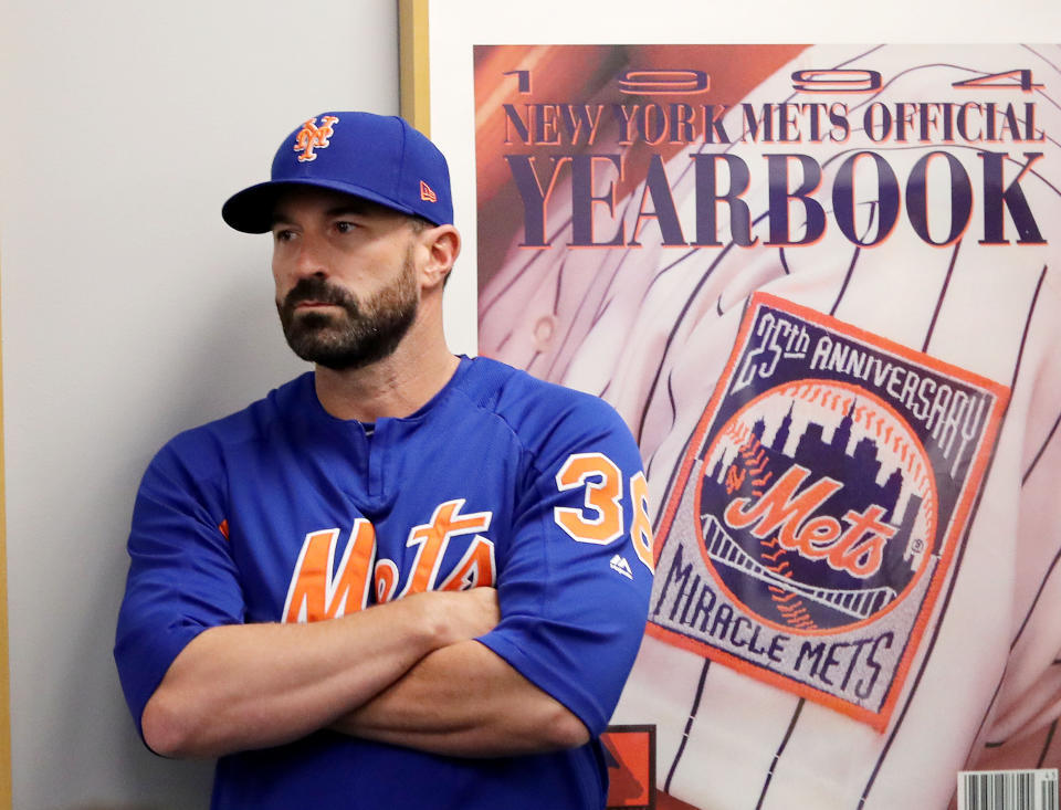 NEW YORK, NEW YORK - MAY 20:  Manager Mickey Callaway #36 of the New York Mets listens to Mets general manager Brodie Van Wagenen speak during a press conference at Citi Field on May 20, 2019 in the Flushing neighborhood of the Queens borough of New York City. (Photo by Elsa/Getty Images)