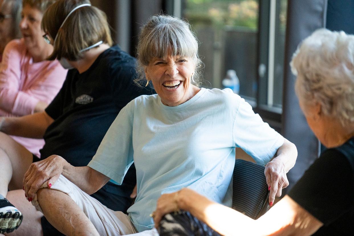 Bobbie Brunner, 77, laughs as she accidentally turns the wrong way during an exercise class June 21 at the Bexley Senior Center. Senior Centers are helping seniors' mental and physical health following COVID restrictions being lifted by helping prevent "failure to thrive," the concept that seniors who aren't engaged and have little interaction with others go downhill faster.