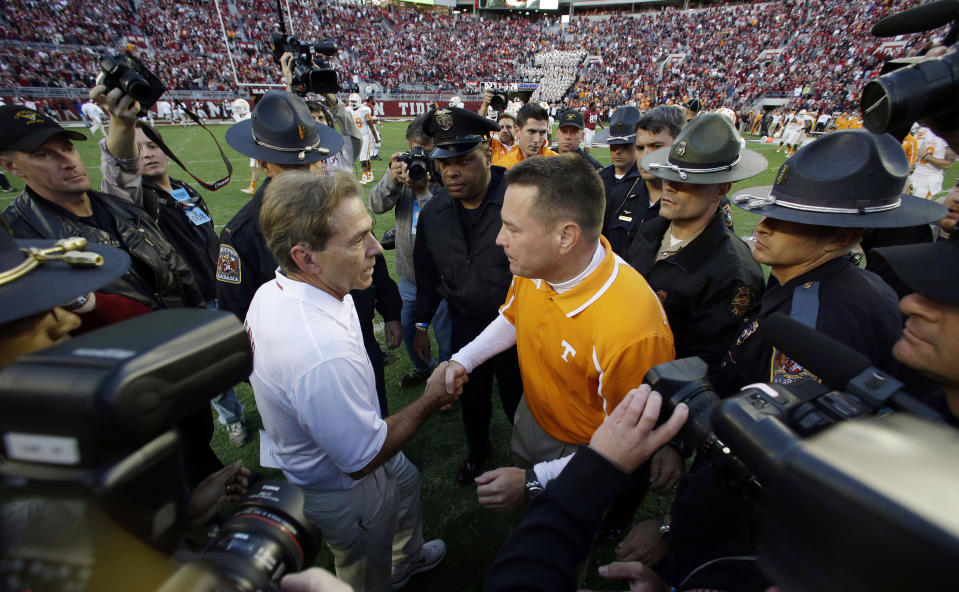 Nick Saban, (L) has lost to only two current SEC coaches: Gus Malzahn and Kevin Sumlin. (AP)