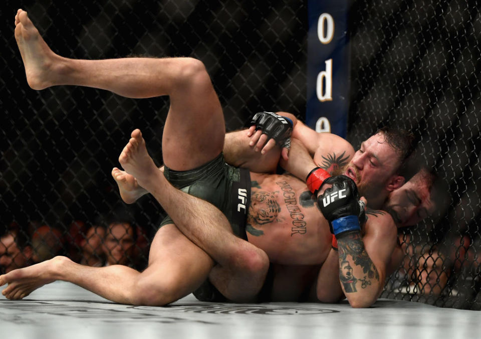 Conor McGregor submitted to Khabib Nurmagomedov in the fourth round on Saturday night. (Getty)