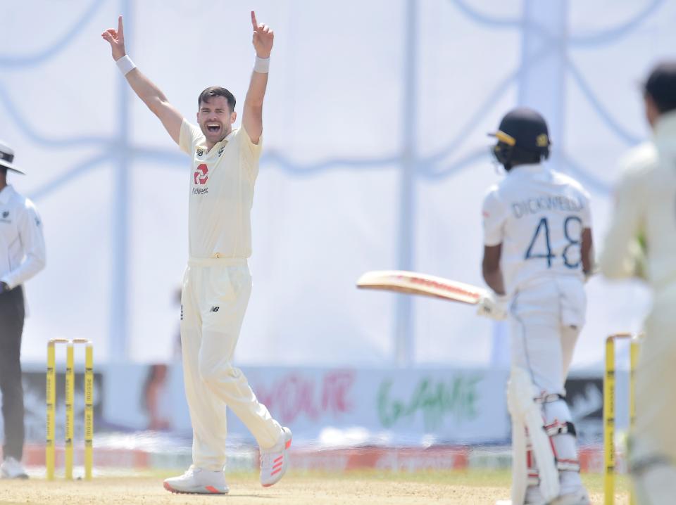 James Anderson celebrates completing his five-wicket haulECB
