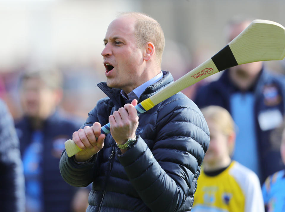 The Duke of Cambridge tries his hand at Hurling as part of her visit to Salthill Knocknacarra GAA Club in Galway on the third day of his visit to the Republic of Ireland. (Photo by Aaron Chown/PA Images via Getty Images)