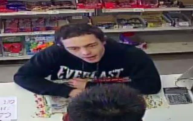 Police have released CCTV of a man they believe may be able to assist with their enquiries into an attempted armed robbery at a Ferntree Gully milk bar. Picture: Victoria Police