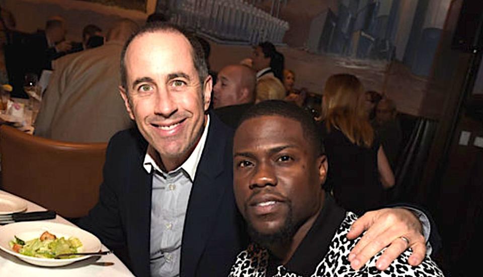 Jerry Seinfeld, pictured in 2015 with Kevin Hart, isn't worried about his fellow comedian's future after Hart stepped down from the Oscars-hosting gig. (Photo: Jason Kempin via Getty Images)