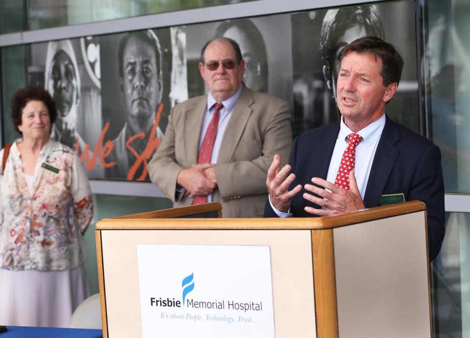 New Hampshire state Sen. Tom Sherman, D-Rye, speaks as a co-sponsor of a health care facility workplace violence prevention program bill on July 22, 2022 outside Frisbie Memorial Hospital in Rochester. Other sponsors are state Sens. Cindy Rosenwald, D-Nashua, left, and James Gray, R-Rochester.