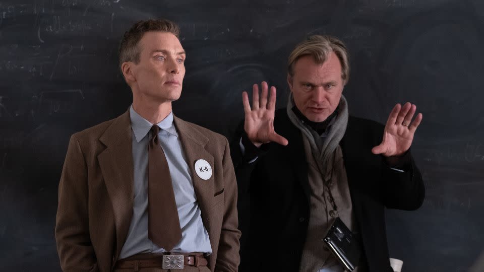 Cillian Murphy and writer, director and producer Christopher Nolan on the set of "Oppenheimer." - Melinda Sue Gordon/Universal Pictures