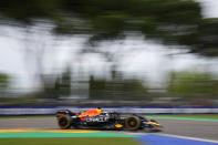 Red Bull driver Max Verstappen of the Netherlands steers his car during the second free practice for Sunday's Emilia Romagna Formula One Grand Prix, at the Enzo and Dino Ferrari racetrack, in Imola, Italy, Saturday, April 23, 2022. (AP Photo/Luca Bruno)
