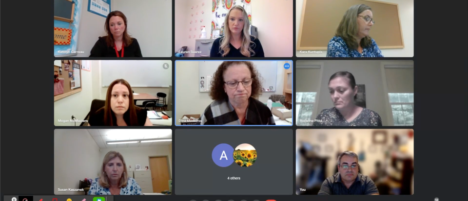 Scott Pitta, bottom right, was told by Bridgewater-Raynham Regional School District special education administrator Dina Medeiros, center, that he couldn't video record a virtual meeting about their son's individualized education program on Sept. 20, 2022.