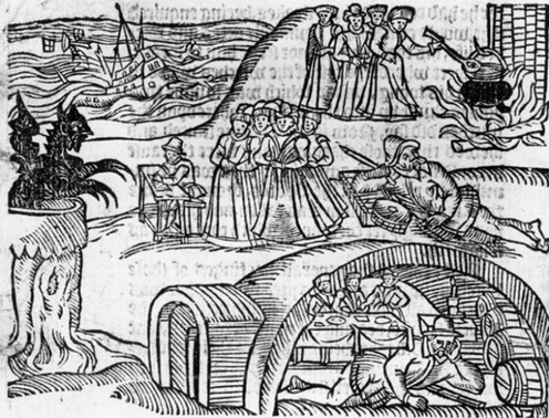 <span class="caption">A group of Scottish witches meet the Devil in a churchyard in a pen and ink drawing from the 17th century.</span> <span class="attribution"><a class="link " href="https://en.wikipedia.org/wiki/North_Berwick_witch_trials#/media/File:North_Berwick_witches.jpg" rel="nofollow noopener" target="_blank" data-ylk="slk:Wikipedia;elm:context_link;itc:0;sec:content-canvas">Wikipedia</a>, <a class="link " href="http://creativecommons.org/licenses/by-sa/4.0/" rel="nofollow noopener" target="_blank" data-ylk="slk:CC BY-SA;elm:context_link;itc:0;sec:content-canvas">CC BY-SA</a></span>