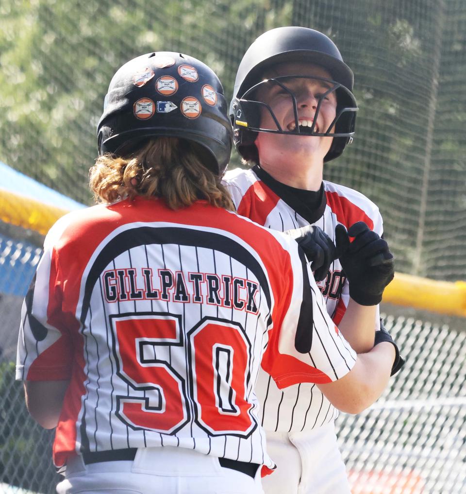 Middleboro 12U Nationals Mike Marzelli and Gavin Gillpatrick celebrate during a game at Dunn Little League Complex at Hollingsworth Park in Braintree on Sunday, July 31, 2022.