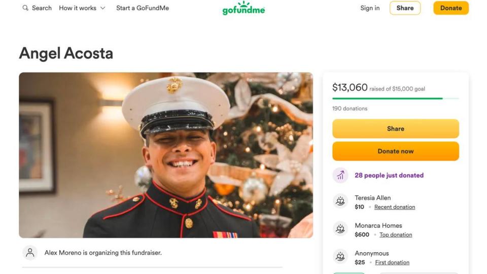 A screen capture of a gofundme.com campaign page for MCRD Parris Island drill instructor Angel Acosta who was found dead in an apartment on Wed., Sept. 20, 2023 on Lady’s Island. gofundme.com