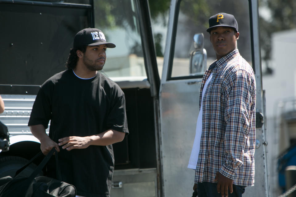 (L to R) Ice Cube (O’SHEA JACKSON, JR.) and Dr. Dre (COREY HAWKINS) in “Straight Outta Compton”. Taking us back to where it all began, the film tells the true story of how these cultural rebels—armed only with their lyrics, swagger, bravado and raw talent—stood up to the authorities that meant to keep them down and formed the world’s most dangerous group, N.W.A.