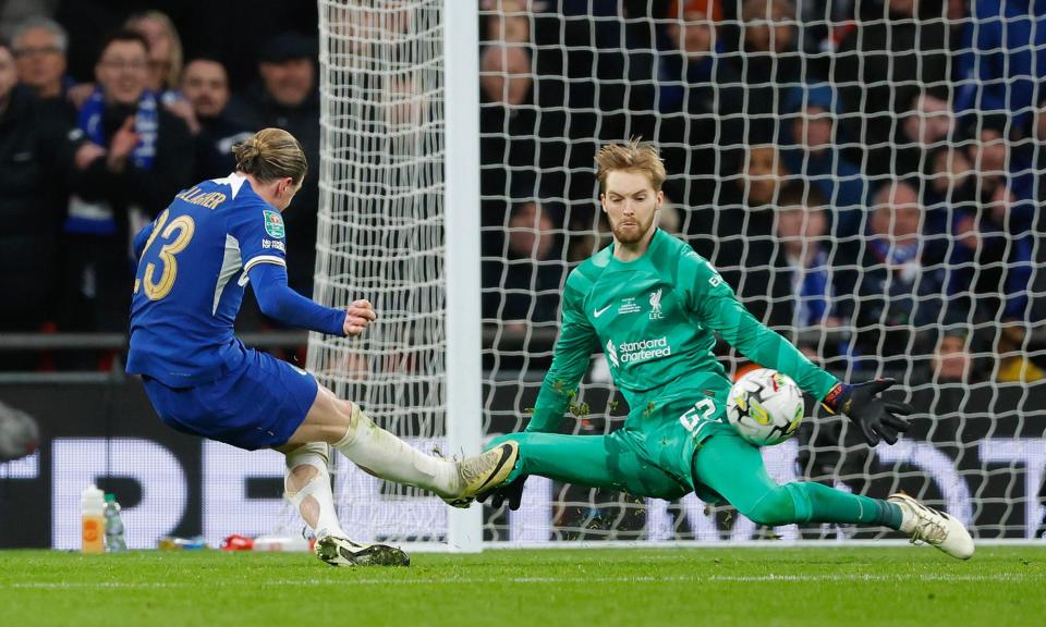 <span>Caoimhín Kelleher makes a crucial save to deny Conor Gallagher late in normal time.</span><span>Photograph: Tom Jenkins/The Guardian</span>