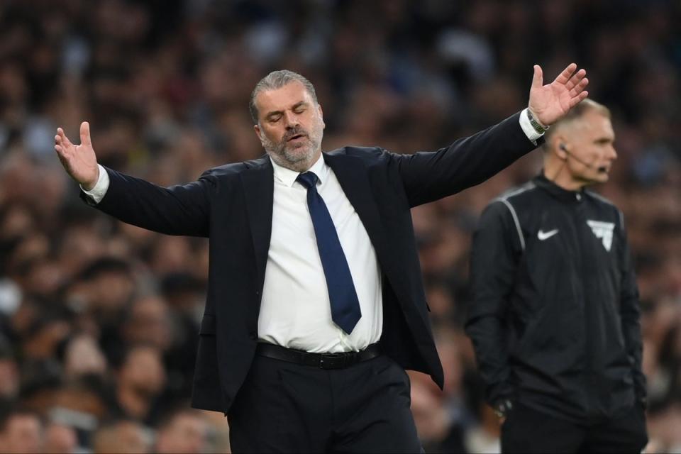 Ange Postecoglou cut a frustrated figure at the end of Spurs’ defeat to Manchester City (Getty Images)
