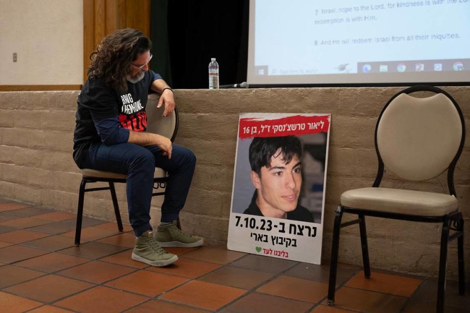 Ilya Tarshansky reflects for a moment during his presentation on Thursday at the Folsom Community Center when asked a question about his 15-year-old son Lior, who was killed during the Oct. 7 Hamas attack in Israel.