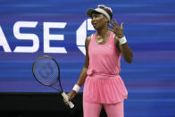 Venus Williams, of the United States, reacts during a match against Greet Minnen, of Belgium, at the first round of the U.S. Open tennis championships, Tuesday, Aug. 29, 2023, in New York. (AP Photo/Jason DeCrow)