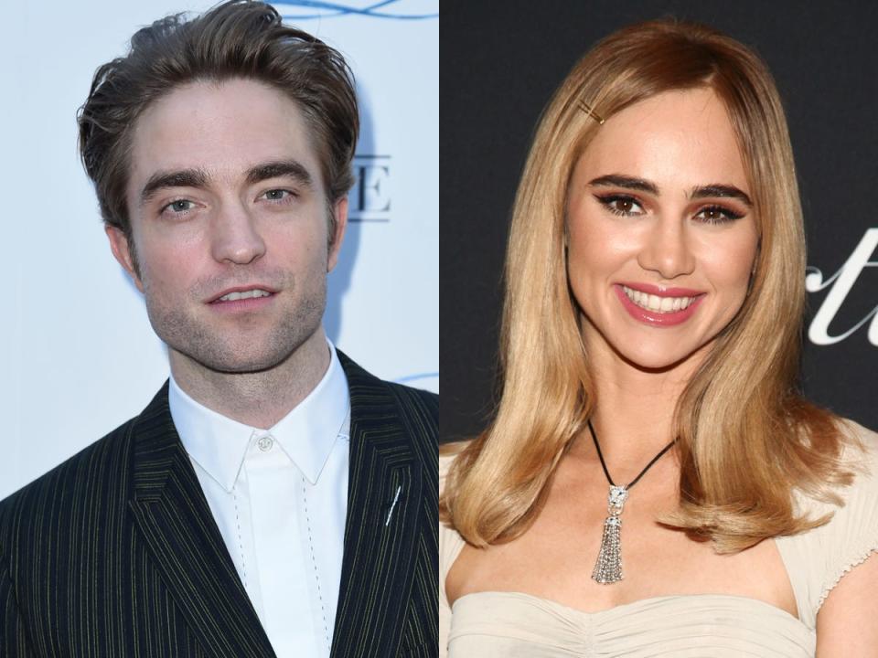 On the left: Robert Pattinson in June 2018. On the right: Suki Waterhouse in September 2018.