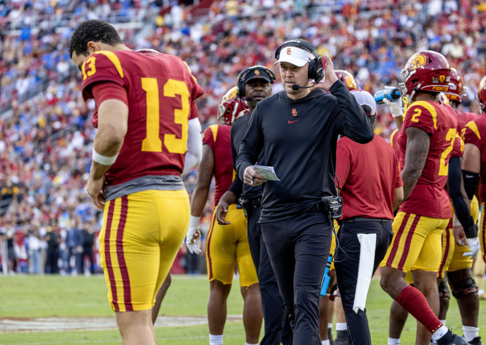 The USC Trojans are 7-5 in what is likely Caleb Williams' final collegiate season. He is expected to be taken as a top pick in next year's NFL Draft. (Gina Ferazzi / Los Angeles Times via Getty Images)