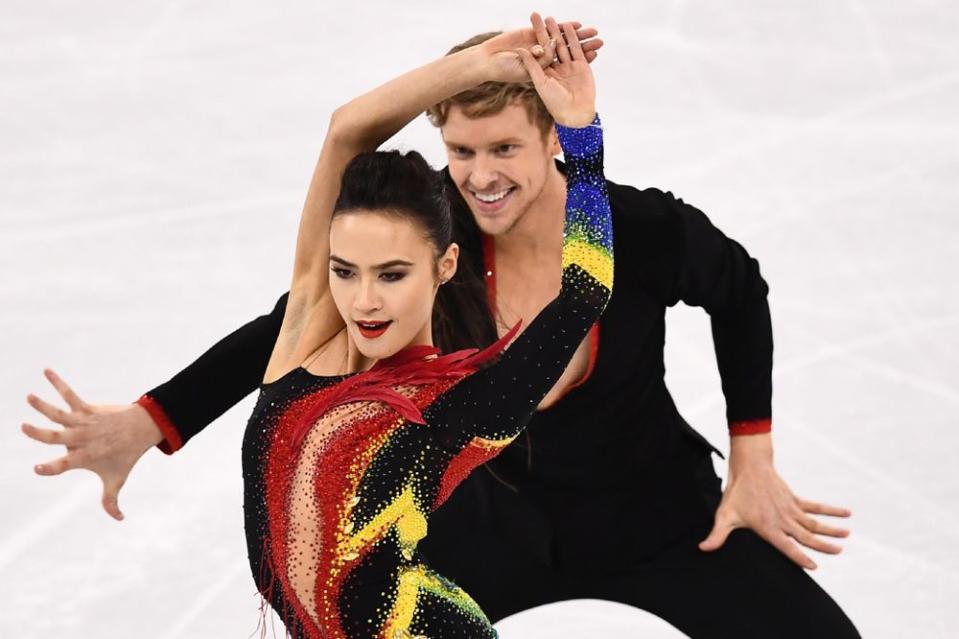 From left: ice dancers Madison Chock and Evans Bates competing in the short dance portion of their event at the 2018 Winter Olympics