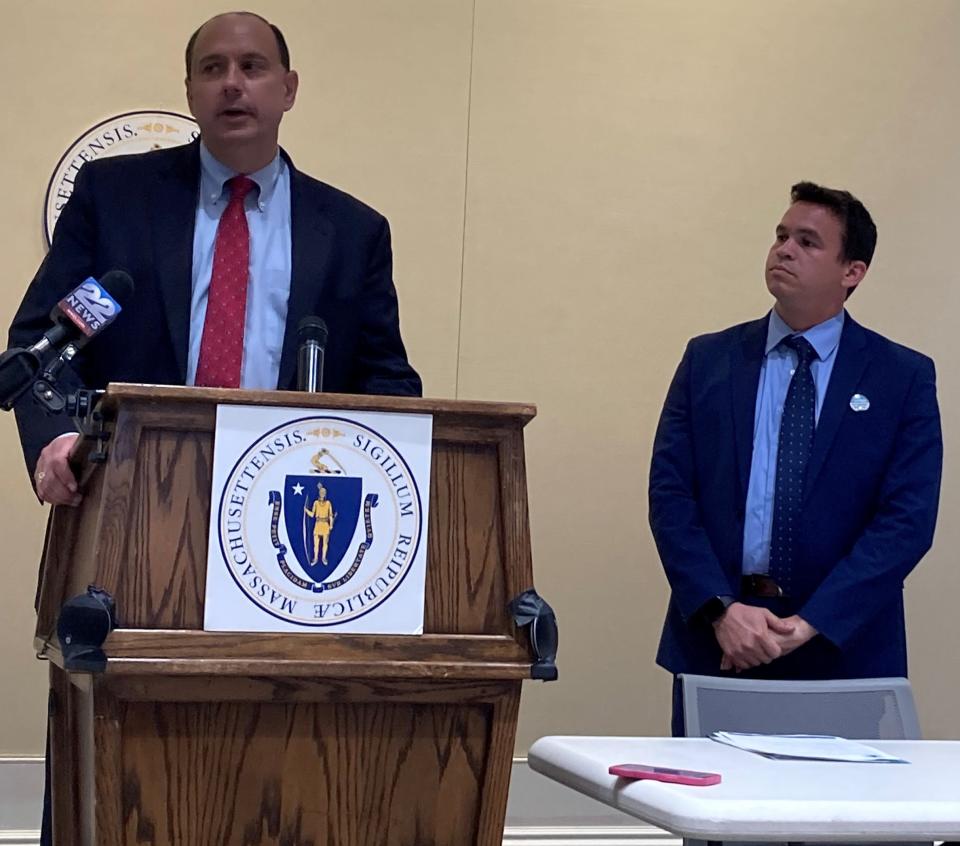 Sen. Jamie Eldridge, left, and Rep. Dan Sena, both Acton Democrats, discuss their bill, Wednesday that would require and support testing the water in private wells for contaminants including PFAS, or "forever chemicals," at the transfer of real estate titles.