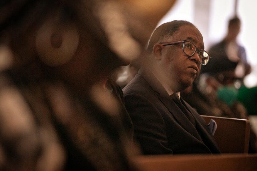 LOS ANGELES, CA - MARCH 05: Mark Ridley-Thomas sits in the audience as community members and clergy across Los Angeles gather at Holman United Methodist Church to offer spiritual support to Ridley-Thomas on the eve of his trial on Sunday, March 5, 2023 in Los Angeles, CA. (Jason Armond / Los Angeles Times)