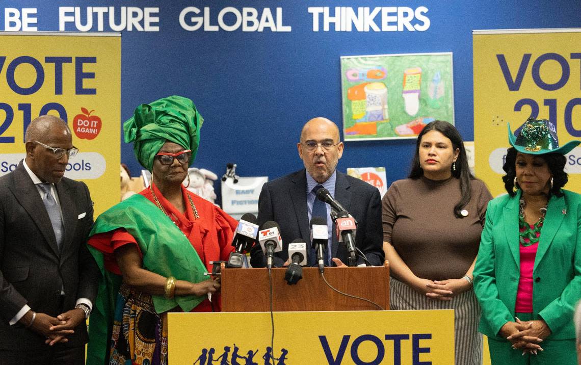 Dr. Jose L. Dotres, Superintendent of Miami-Dade County Public Schools, center, speaks with support of school board members, from left to right, Dr. Steve Gallon III, Dr. Dorothy Bendross-Mindingall, Lucia Baez-Geller, and Congresswoman Frederica Wilson during a press conference supporting bill 210 on Thursday, Oct. 6, 2022, at Madie Ives K-8 Center in Miami.