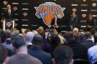 Phil Jackson (L) speaks during a news conference announcing him as the team president of the New York Knicks basketball team at Madison Square Garden in New York March 18, 2014.REUTERS/Shannon Stapleton