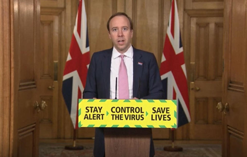 Screen grab of Health Secretary Matt Hancock during a media briefing in Downing Street, London, on coronavirus (COVID-19).