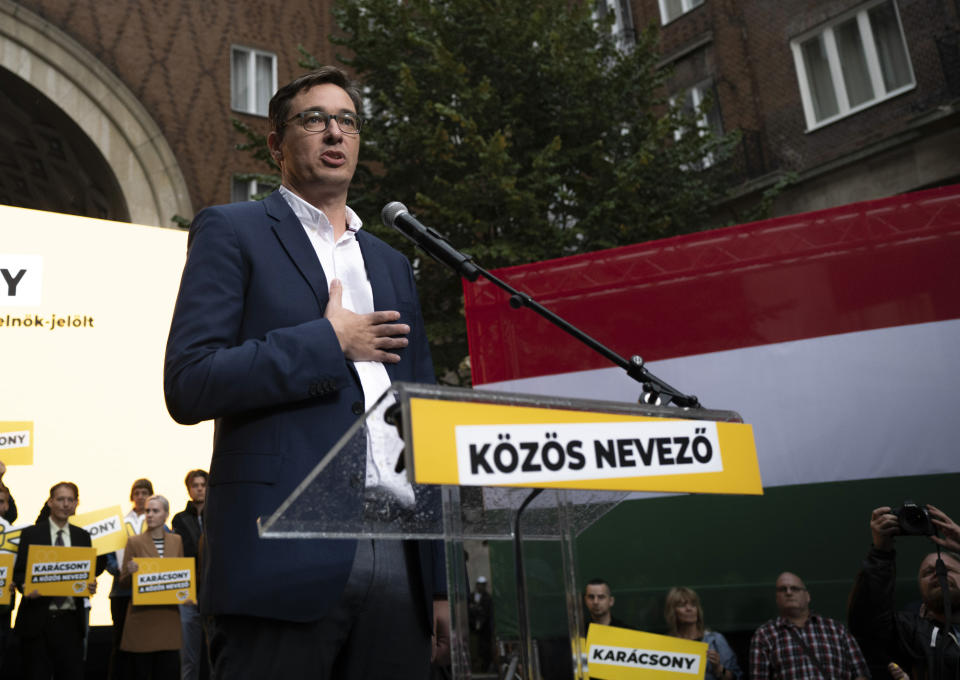 Budapest mayor Gergely Karacsony, one of the frontrunners in a race to unseat Hungary's Prime Minister Viktor Orban, holding a campaign event in Budapestt, Hungary on Sept. 17, 2021. The rally marked the start of a primary election that will choose a joint opposition candidate to face off with Hungary's hardline leader in polls next year. (AP Photo/Bela Szandelszky)