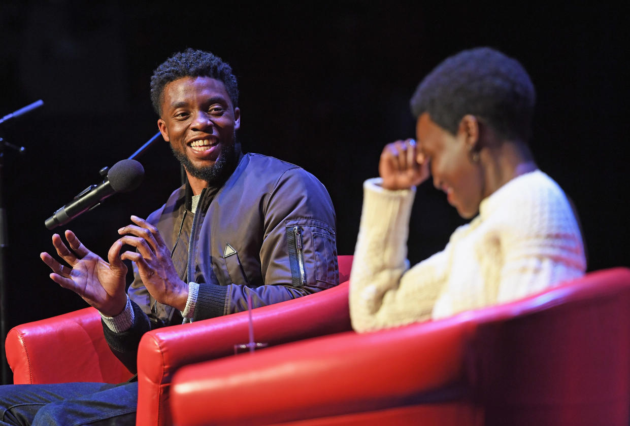 NEW YORK, NY - FEBRUARY 27:  Black Panther stars Chadwick Boseman and Lupita Nyong'o attend a panel discussion about the box office smash Black Panther at The Apollo Theater on February 27, 2018 in New York City.  (Photo by Shahar Azran/WireImage)