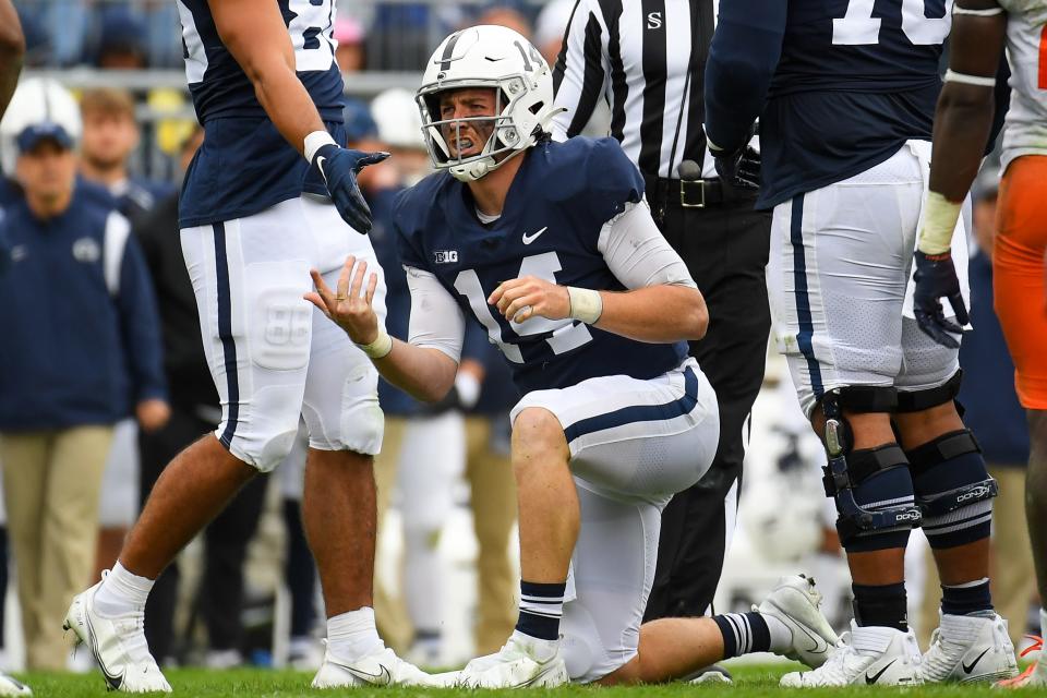 Penn State quarterback Sean Clifford reacts to a play during the second half against Illinois at Beaver Stadium.